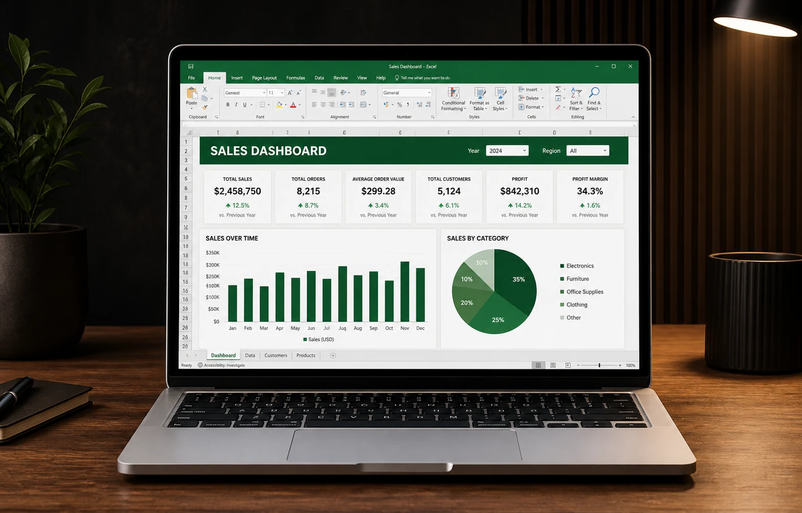 Visual del curso con dashboard de Excel en una laptop